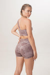 One shoulder asymetric yoga top Como short legging in brown print sustainable handmade yoga wear by Sunbe Design