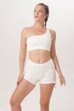 One shoulder top Como short legging ethically handmade sustainable yoga wear Sunbe Design in colour white
