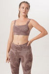 Sunbe Design sustainable and ethically handmade yoga wear Montana bandeau Top and long legging in leaf print brown