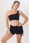 Sunbe Design sustainable handmade yoga clothes one shoulder asymetric Top and short legging como in color black