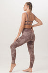 natural dyeing Sunbe Design sustainable handmade yoga clothes Montana bandeau Top and long legging in leaf print brown