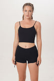 Victoria yoga top with Como short legging in colour black sustainable and handmade by Sunbe Design bamboo fabric