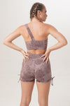 ethically handmade eco responsible yoga wear Sunbe Design one shoulder top short legging in leaf print