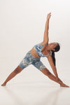 ethically handmade sustainable yoga top short legging Sunbe Design in colour tie-dye blue