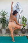 natural dyeing ethically handmade eco responsible yoga wear Sunbe Design top and short legging in nude color