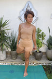 natural dyeing ethically handmade sustainable eco responsible yoga wear Sunbe Design top and short legging in nude color