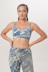sustainable and ethically handmade yoga active wear top and long legging Sunbe Design in tie-dye blue